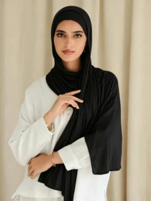 1pc Women's Solid Color Soft Modal Headscarf With Ruffle Trim, Suitable For Arabic Style Muslim Daily Wear - Black - View 2