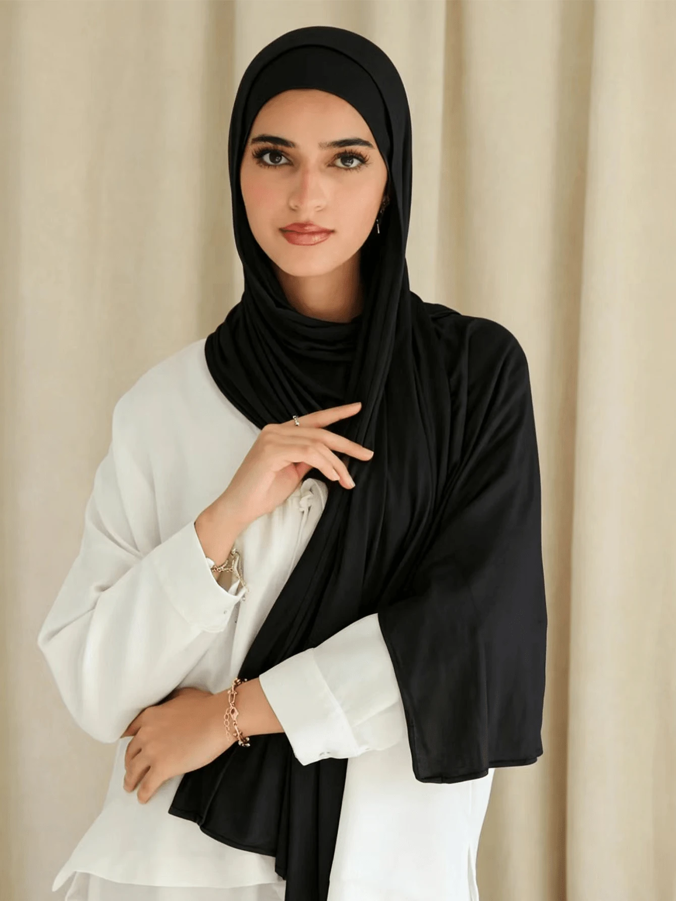 1pc Women's Solid Color Soft Modal Headscarf With Ruffle Trim, Suitable For Arabic Style Muslim Daily Wear