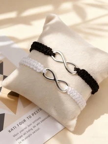 2pcs Vintage Minimalist Casual Infinity Symbol Braided Adjustable Bracelets Set For Men, Daily, Party, Holiday Matching, Valentine's Day Gift, All Season Accessory - Black and White - View 3