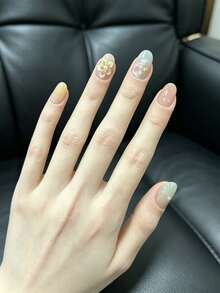 10Pcs Handmade Press On Nails Nude Gradient Fake Nails With Ocean Theme 3D Flower, Shell & Pearl Design Short Reusable False Nails For Girls - Multicolor - View 3