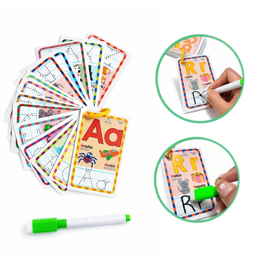 Erasable Alphabet Flashcards (Spanish/English) + Marker With Eraser - Black and White - View 1