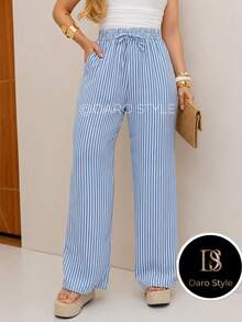 Wide Leg Striped Palazzo Pants With Pockets, NO Elastane (Size Chart Available) - 藍色 - 查看 2