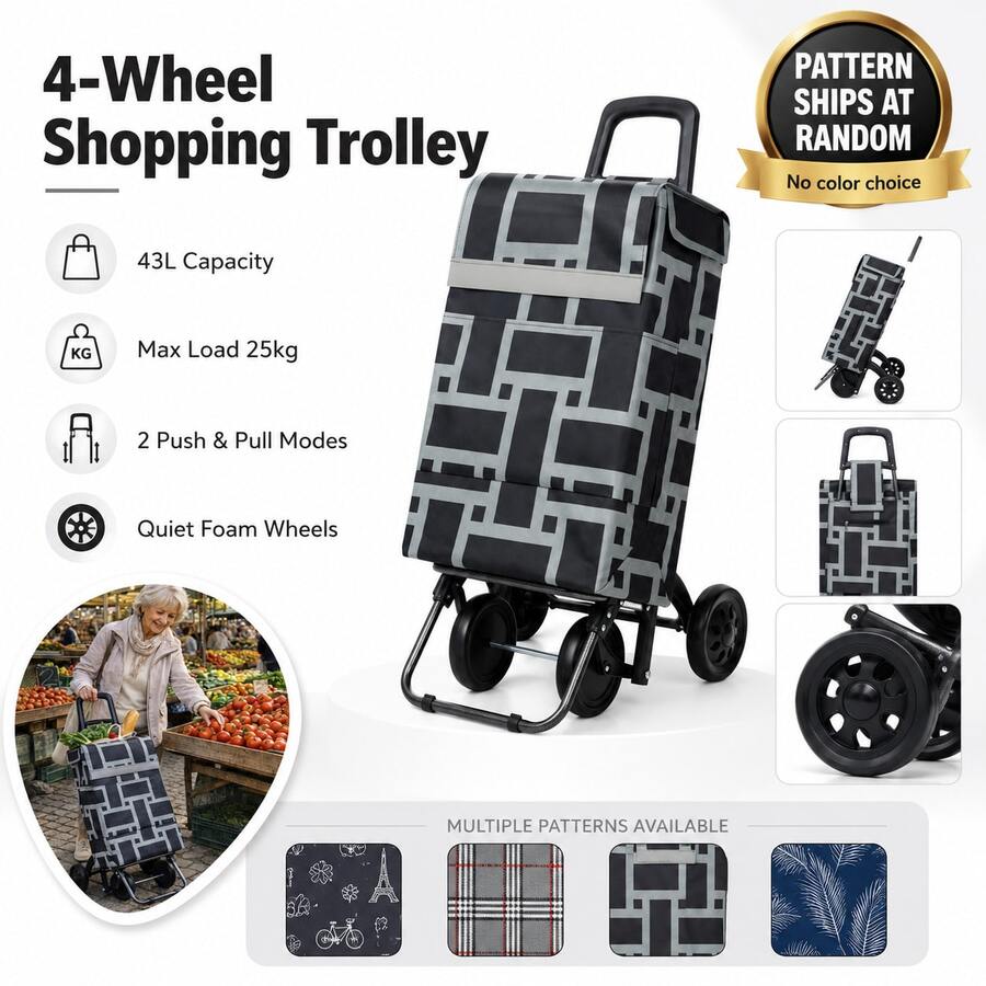 43L Large Capacity Lightweight 4-Wheel Shopping Cart, Waterproof Trolley With Push & Pull Dual-Use Design, 25KG Heavy Duty Load - 4 Wheels - View 1