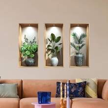 3pcs 3D Visual Effect Green Plant Vase Wall Sticker, Removable Self-Adhesive Waterproof PVC Sticker, Suitable For Living Room, Sofa Background Wall, Entryway, Office, Home Decoration. - Wall Stickers - View 5