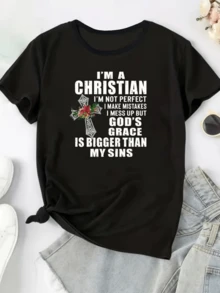 Cross With Flowers Symbolizing Faith, Redemption, And Divine Grace, Reminding Us That Forgiveness Is Greater Than Human Failings. Casual, Comfortable, And Modern Women's T-Shirt - 黑色 - 查看 1