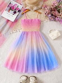 Đầm slip lưới đính sequin ombre nhiều màu sắc thanh lịch cho bé gái, lưng bất đối xứng, thích hợp cho mùa xuân/hè. - Nhiều màu - Xem 2