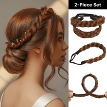 Conjunto de tiara trançada elegante de 35 cm para mulheres, com uma tiara trançada com detalhes e um elástico de cabelo trançado combinando. Disponível em diversas cores, incluindo cinza, preto, dourado, marrom e outras. Conjunto de acessórios de cabelo antiderrapantes de 2 peças para uso diário. - Multicolorido - Ver 12