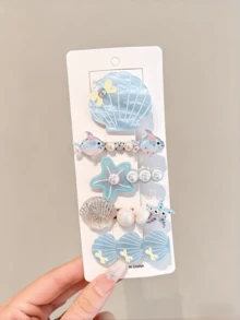 5pcs/Set Ocean Theme Hair Clips, Mermaid Shell Starfish Pearl Hair Clips, Cute Blue Ocean Animal Hair Accessories, Suitable For Children Girls Summer Beach Party - Blue - View 5