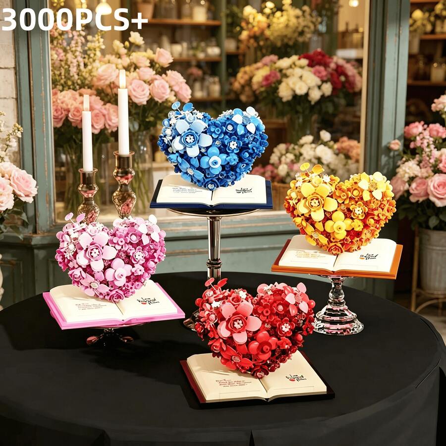 4 pièces Blocs de construction de micro particules Bouquet de cœur Décoration, Modèle d'assemblage DIY pour soulager le stress, Fleurs éternelles créatives, Décoration d'ambiance pour la maison, Fournitures scolaires/Saint-Valentin/Anniversaire/Anniversaire/Cadeau de réunion/Choix romantique - Multicolore - Voir 1