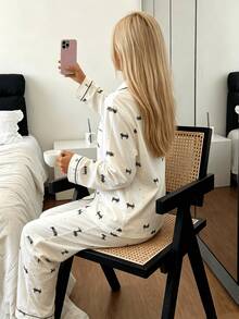 2pcs Women Loose Comfortable Breathable Long Sleeve Top And Long Pants Pajama Set - White - View 7