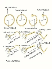 10pcs/Set Assorted Style Nose Rings, Shiny Fashion Nose Piercing Jewelry For Men & Women, L-Shaped, Screw, And Hoop Designs, Low Allergy Stainless Steel Nose Accessories, Suitable For Daily And Holiday Wear - Nose Ornament - View 9
