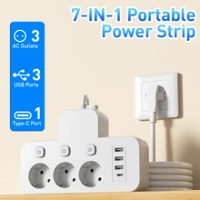 快速充电桌面充电站多端口电源条充电器7合1多功能电源条，带USB、USB-A、Type-C端口，独立开关，多开关设计，旅行适配器插头，适用于办公室和家庭使用，阵亡将士纪念日夏季启动 - 查看 1