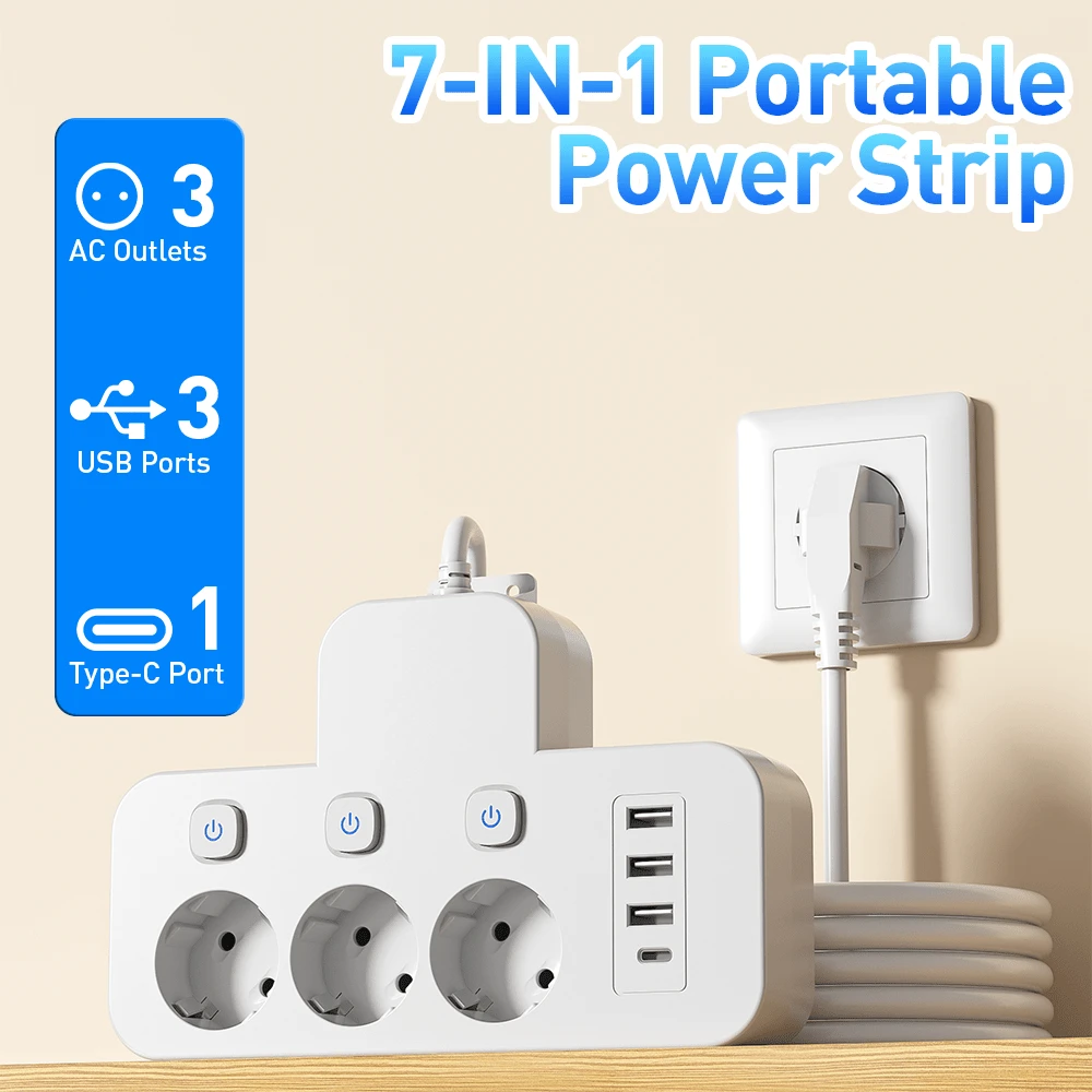 快速充电桌面充电站多端口电源条充电器7合1多功能电源条,带USB、USB-A、Type-C端口,独立开关,多开关设计,旅行适配器插头,适用于办公室和家庭使用,阵亡将士纪念日夏季启动 - 查看 1