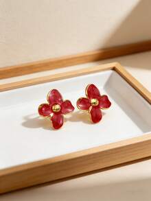 Gold Flower Earrings For Women, Floral Statement Fashion Elegant, 2026 Dress Jewelry Accessories, Red Gold Flower Earrings For Ladies Cute Black Flower Stud Earrings Fashionable White Floral Personalized Earrings Jewelry Gift - H2-04 Red - View 8