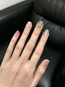 10pcs Handmade Cute Strawberry, Star, Cat Eye Faux Nail Stickers With Rhinestones & Glitters, Short Reusable False Nails For Girls Handmade Press On Nails - Multicolor - View 4
