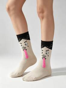 1/2 Pairs Funny Abstract Ugly Face Tongue Out Straight Socks, Suitable For All Seasons - Multicolor - View 13