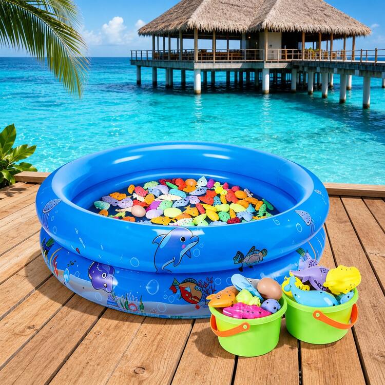 90*90cm Blue Round Inflatable Beach Pool, Thickened Double-Layer Water Play Pool, Cute Marine Animal Print, Portable Outdoor Pool, Suitable For Beach, Lawn, Garden, Backyard, Camping, Fishing, Summer Pool Party, Beach Essential Pool Accessory - Multicolor - View 1