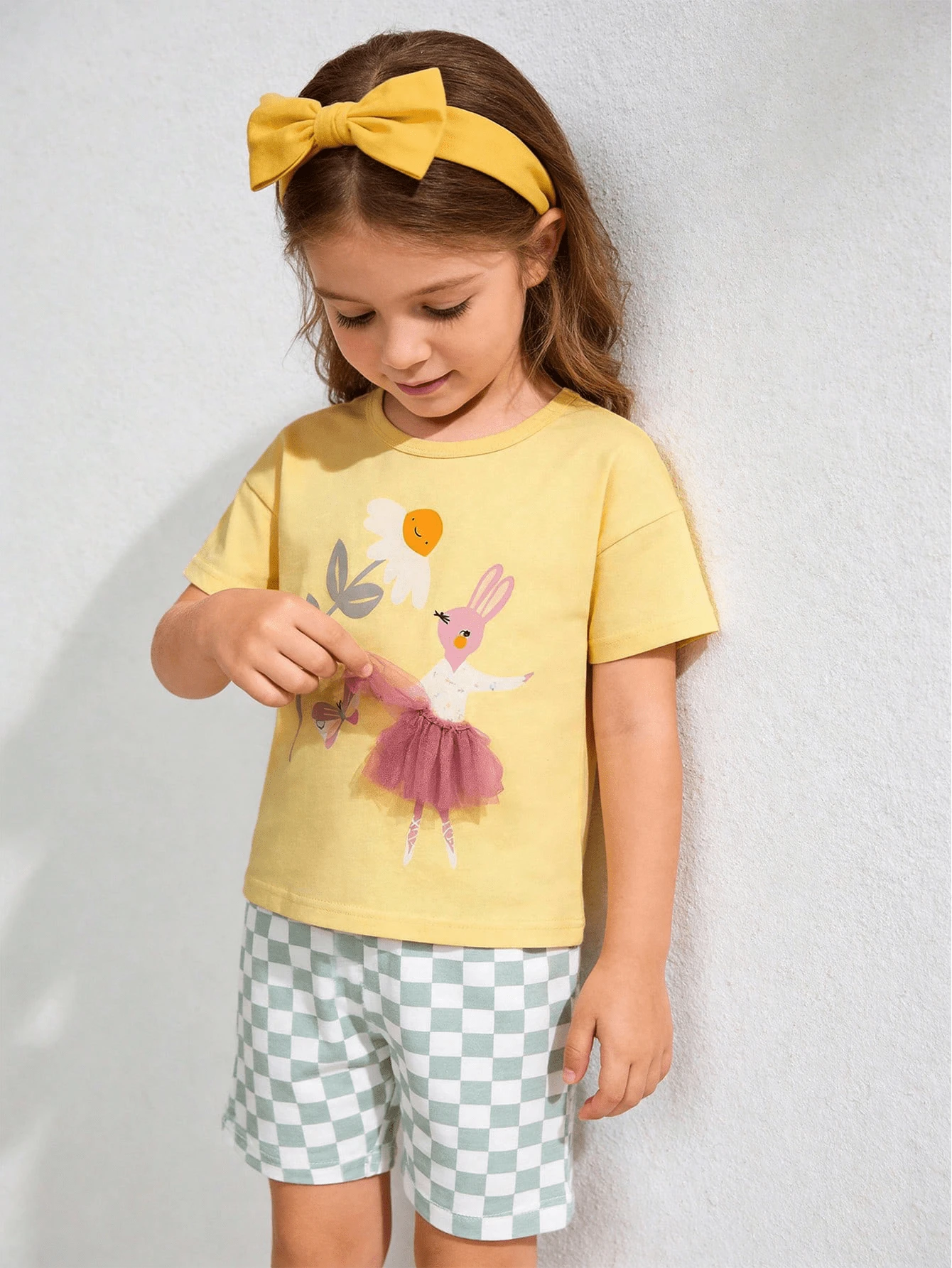 2pcs/Set Girls' Summer Outfit, Cute Bunny Ballet Print T-Shirt Paired With Tulle Skirt & Plaid Shorts, 2-7 Years Old Sweet Casual Clothing - Yellow - View 1