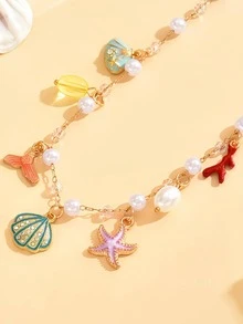 1 pieza Collar de cuerda trenzada estilo bohemio en color azul con dijes de estrella de mar, concha y colgantes, adecuado para vacaciones de verano en la playa y fiestas - Multicolor - Ver 3