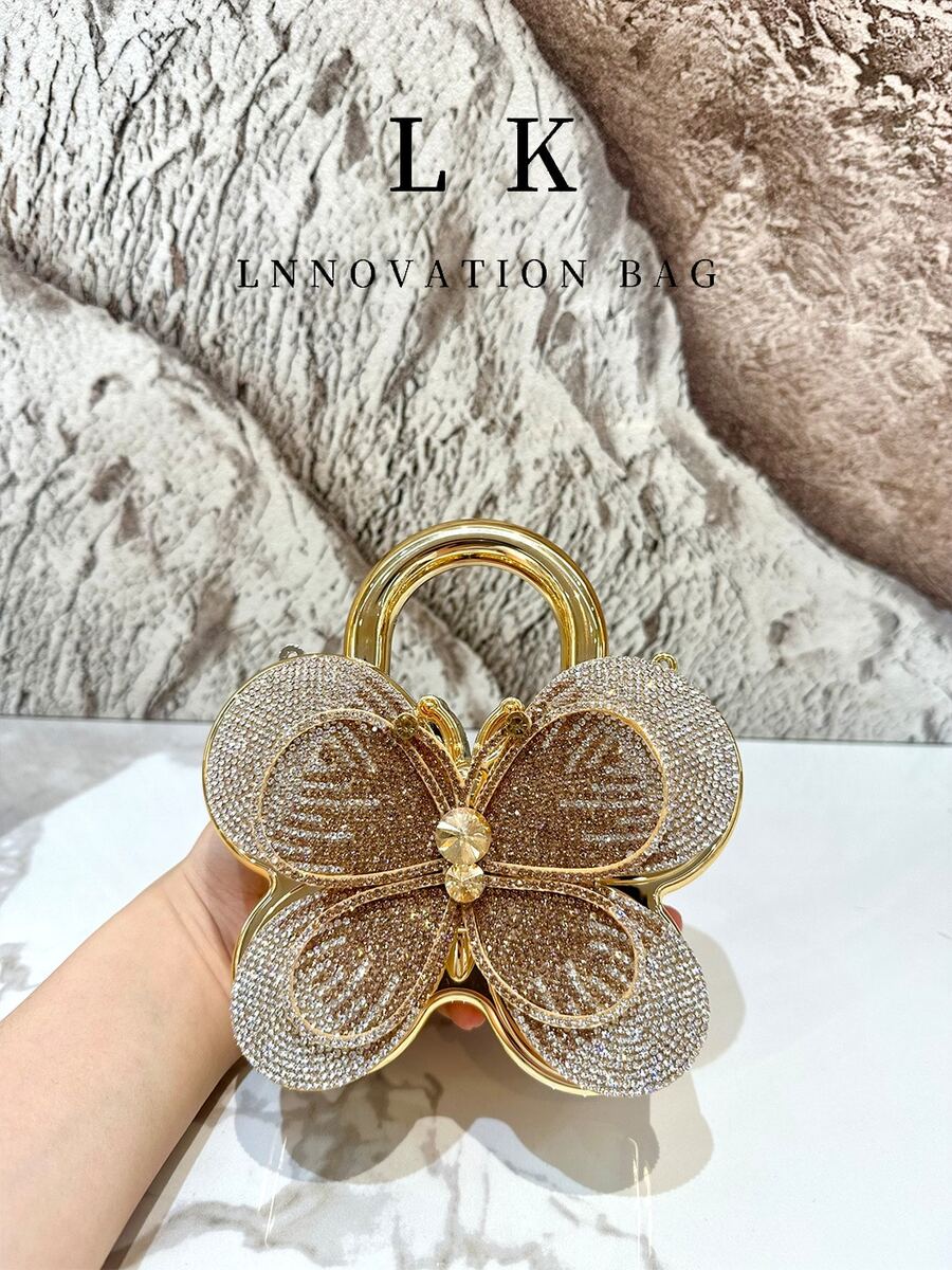 1个迷你女士奢华时尚蝴蝶手提包，镶钻手拿包，配链条肩带，可作手拿包使用，独特时尚，女士最佳链条迷你钱包之选