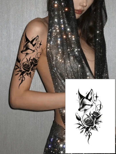 1pc Fox & Flower Combination Temporary Tattoo Sticker, Allows You To Express Your Personalized Freely, Can Cover Scars And Wounds, Add Artistic Charm To Your Skin, Suitable For Waist, Arms, Unisex, Easy To Apply And Remove, Professionally Crafted