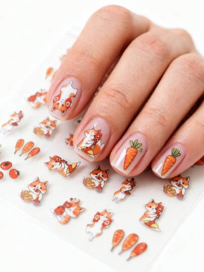 1pc Cute Cat & Tomato Design Nail Sticker, Self-Adhesive 3D Embossed Nail Art Decor, Adorable Style Suitable For Women Manicure, Pedicure, Holiday Decoration