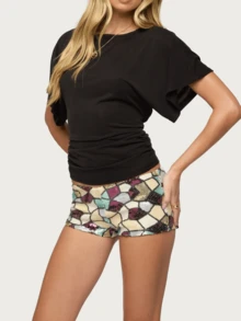 Mini Shorts For Women Low Rise Fashion Sequin Decor Geometry Patchwork Summer Going Out Micro Shorts Club Party Wear - Multicolor - View 2