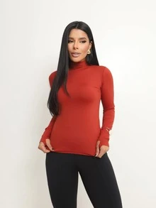 Basic Polyamide Blouse, Long Sleeves With Thumb Loops, High Neck. - Terra Cota - View 14