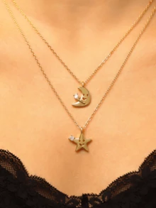 2件套欧美风格星月锁骨链，镂空笑脸星月锆石吊坠饰品 - 彩色 - 查看 8