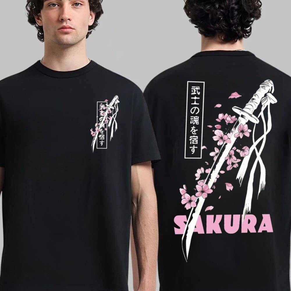 Cherry Blossom Moon T Shirt Japanese Graphic Tee Black 100% Pure Cotton Oversized Drop Shoulder Short Sleeve Summer Casual Streetwear Unisex Men - 黑色4 - 查看 1