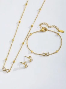 Bộ 3 món trang sức thanh lịch bằng thép không gỉ đính đá Zirconia hình bướm, gồm dây chuyền, vòng tay và bông tai, thích hợp làm quà tặng trang sức hàng ngày cho phụ nữ và bé gái. - Vàng - Xem 6