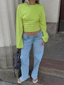 New Solid Color Ruffle Trim Elegant Long Sleeve Round Neck Top, Suitable For Vacation, Date, School, Travel, Daily Wear Spring - Blue-green - View 4