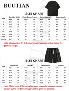 Men's 2PCS BUUTIAN Vintage Wash Solid Color T-Shirt & Denim Shorts Set, Multiple Color Combinations Available, Oversized Streetwear Casual Summer Joggermate Outfit, 90s Retro Casual Loungewear - quả mơ + đen - Xem 10