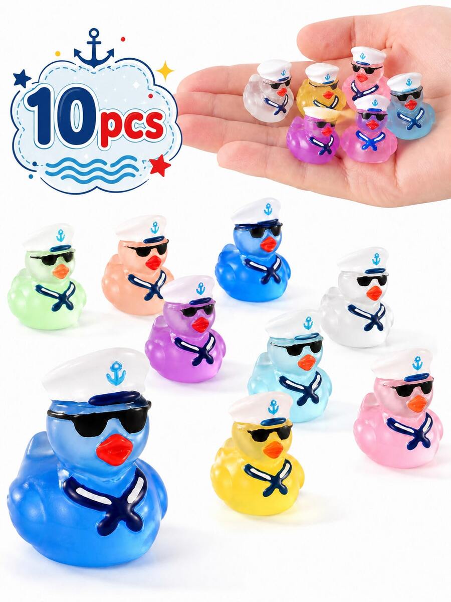 10 chú vịt cao su nhỏ phát sáng kiểu thủy thủ - Vịt mini bằng nhựa, thích hợp cho bể cá, bể nuôi bò sát, trang trí tiệc sinh nhật, trưng bày chủ đề hàng hải - Trang trí giải trí trong nhà và ngoài trời - Kính râm phát sáng trong bóng tối với hình chú vịt vàng nhỏ. - Xem 1