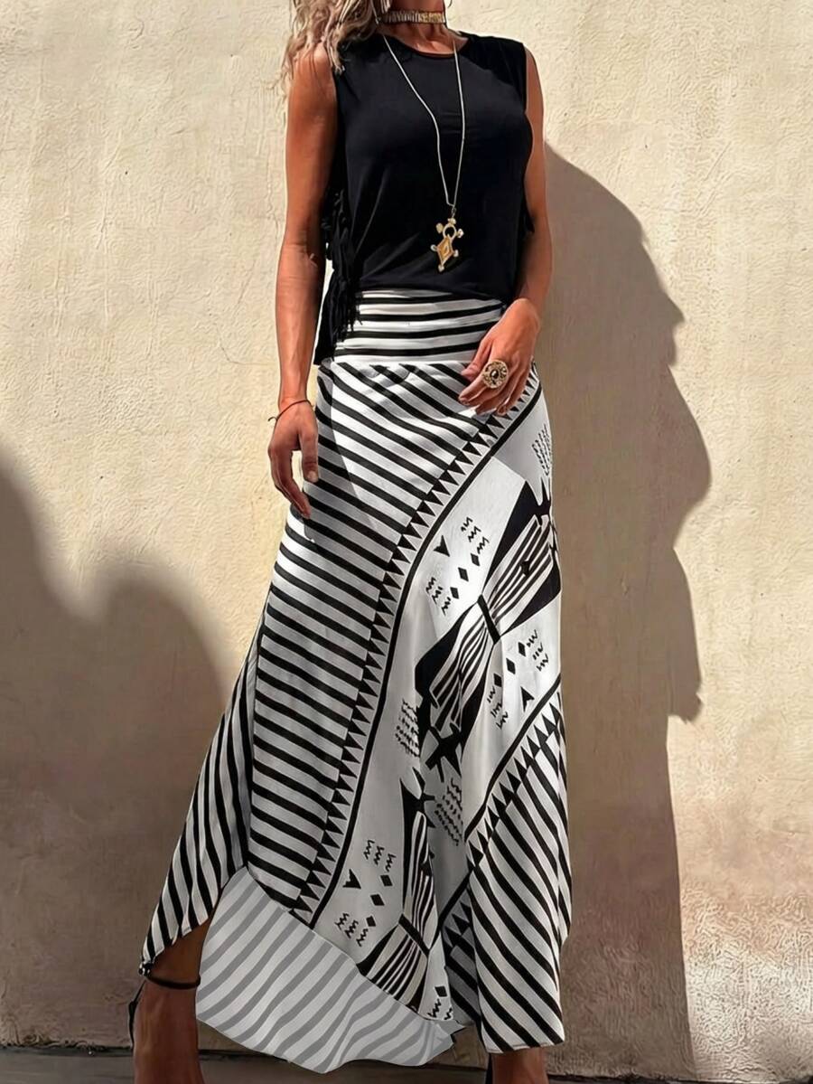 Women's Elegant Striped Maxi Skirt, A-Line Romantic Long Skirt, Suitable For All Seasons White - White - View 1