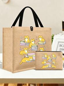 2 pièces/set Sac fourre-tout en jute imprimé chat mignon avec pochette intérieure, sac à bandoulière en canevas spacieux avec sac de rangement assorti, convient pour un usage quotidien pour transporter des épiceries, des livres, des articles essentiels, idéal pour les amateurs de chats, les femmes, les étudiants, les navetteurs, parfait pour les sorties de tous les jours, les courses, l'école, le marché fermier, peut également être utilisé comme sac à main décontracté. - Multicolore - Voir 8