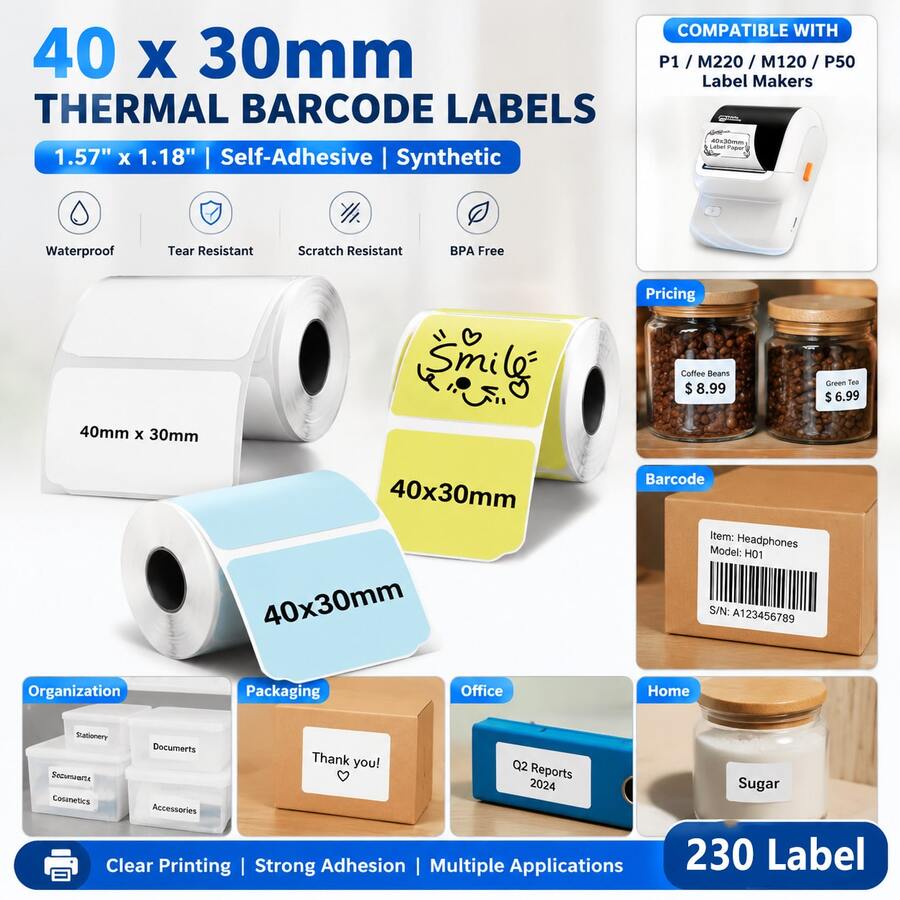 40 nhãn mã vạch nhiệt x 30mm, giấy dán tự dính tổng hợp 1,57" x 1,18", tương thích với máy in nhãn P1/M220/M120/P50 dùng cho mã vạch, giá cả, bao bì và sắp xếp. - Xem 1