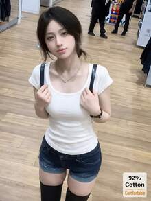 女款素色U領短袖T恤，百搭休閒修身內搭上衣，夏季白色 - 白色 - 查看 2