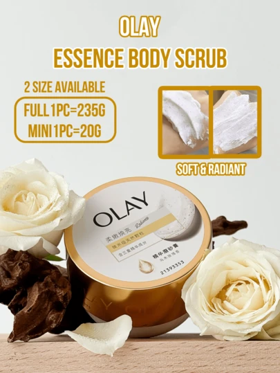  Tẩy da chết toàn thân OLAY (Cỡ lớn 235g, Cỡ nhỏ 20g) - Sản phẩm tẩy da chết toàn thân mềm mại và rạng rỡ với các hạt khoáng chất siêu nhỏ và tinh chất ba thành phần, hương hoa hồng và gỗ đàn hương, tẩy tế bào chết nhẹ nhàng, nuôi dưỡng, cải thiện làn da xỉn màu, công thức không gây kích ứng, sản phẩm chăm sóc cơ thể thiết yếu hàng ngày, trải nghiệm SPA sang trọng tại nhà, món quà hoàn hảo dành cho phụ nữ.