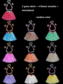 5 Stücke/Set Hawaii Hula Rock Outfit, inklusive 1 Stück tropischer Hawaii Grasrock, 2 Stücke Armbänder, 2 Stücke Blumenkränze, Hibiskus Blume Geburtstags Tropen Party Dekoration, Hawaii Grasrock Sommer Strand Urlaubsoutfit, Hawaii Party Geschenk kreative Präsent Party Dekoration - A - Übersicht 7