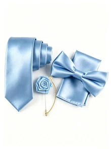 Bộ 4 món dành cho nam giới, gồm cà vạt, nơ, khăn cài túi và hoa cài áo bằng vải mềm, thích hợp cho đám cưới, họp mặt và tiệc tùng. - Màu xanh bụi bặm - Xem 1