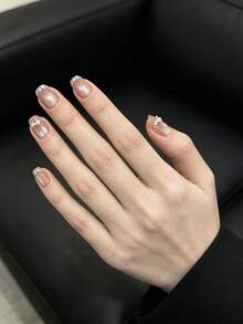10Pcs Handcrafted Nude Shimmer Press On Nails 3D Bow Diamond Inlay Sweet Elegant Removable Reusable Nail Art Tips - Multicolor - View 3