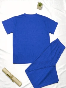 Conjunto de dos piezas informal y holgado para el hogar, ligero y bordado con la letra C para primavera y verano, compuesto por camiseta y pantalones largos, 1 unidad - Azul - Ver 3