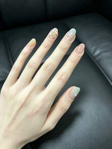 10Pcs Handmade Press On Nails Nude Gradient Fake Nails With Ocean Theme 3D Flower, Shell & Pearl Design Short Reusable False Nails For Girls - Multicolor - View 2