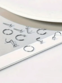 10pcs/Set Assorted Style Nose Rings, Shiny Fashion Nose Piercing Jewelry For Men & Women, L-Shaped, Screw, And Hoop Designs, Low Allergy Stainless Steel Nose Accessories, Suitable For Daily And Holiday Wear - Nose Ornament - View 5