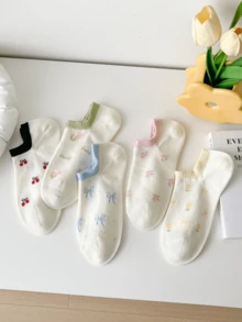 1/3/5 Paar Schleifen & Blümchen Knöchelsocken, leichte Damen Kurzsocken, modische Blumen Serie Bootsocken mit niedrigem Schnitt, geeignet für Outdoor-Sport, Wandern, Laufen, Fitness, Yoga, Pilates, täglichen Gebrauch dünne Damensocken, elastischer Bund Sport Bootsocken - Verschiedenfarbig - Übersicht 1