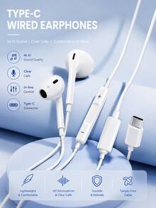 Type-C 有线耳机，HiFi 立体声，带麦克风、音量控制、降噪功能，舒适入耳式耳机，适用于 15-17、Galaxy XM HW 等安卓设备；新款，高品质音效 - 白色 - 查看 2