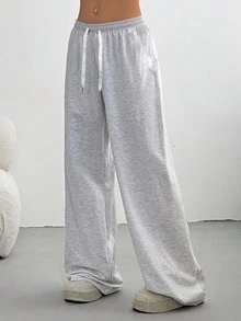 1 pieza Pantalones casuales de pierna ancha con cintura ajustable para mujer, uso diario y deportivo - Gris Claro - Ver 4