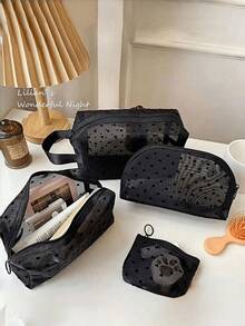 Heart Print Mesh Cosmetic Bag Set, Mesh Makeup Bag With Full Heart Pattern, Zipper Pouch/Toiletry Bag, Portable Mesh Organizer Bag, Suitable For Home, Office, Travel (Black), Great Christmas Gift, Bohemian Style - Multicolor - View 2