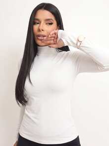 Basic Polyamide Blouse, Long Sleeves With Thumb Loops, High Neck. - White - View 2